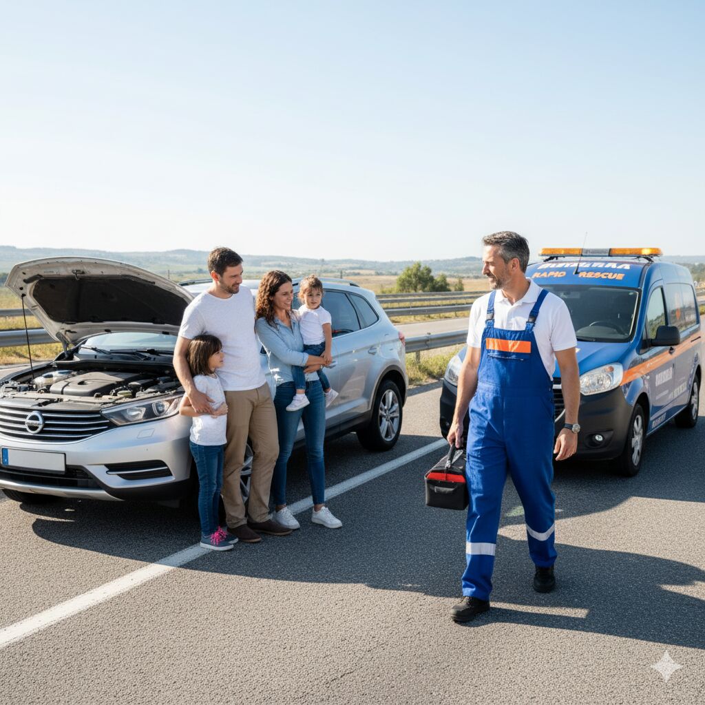 Familia con niños junto a coche averiado