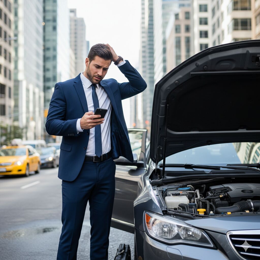 Profesional junto a coche en zona urbana